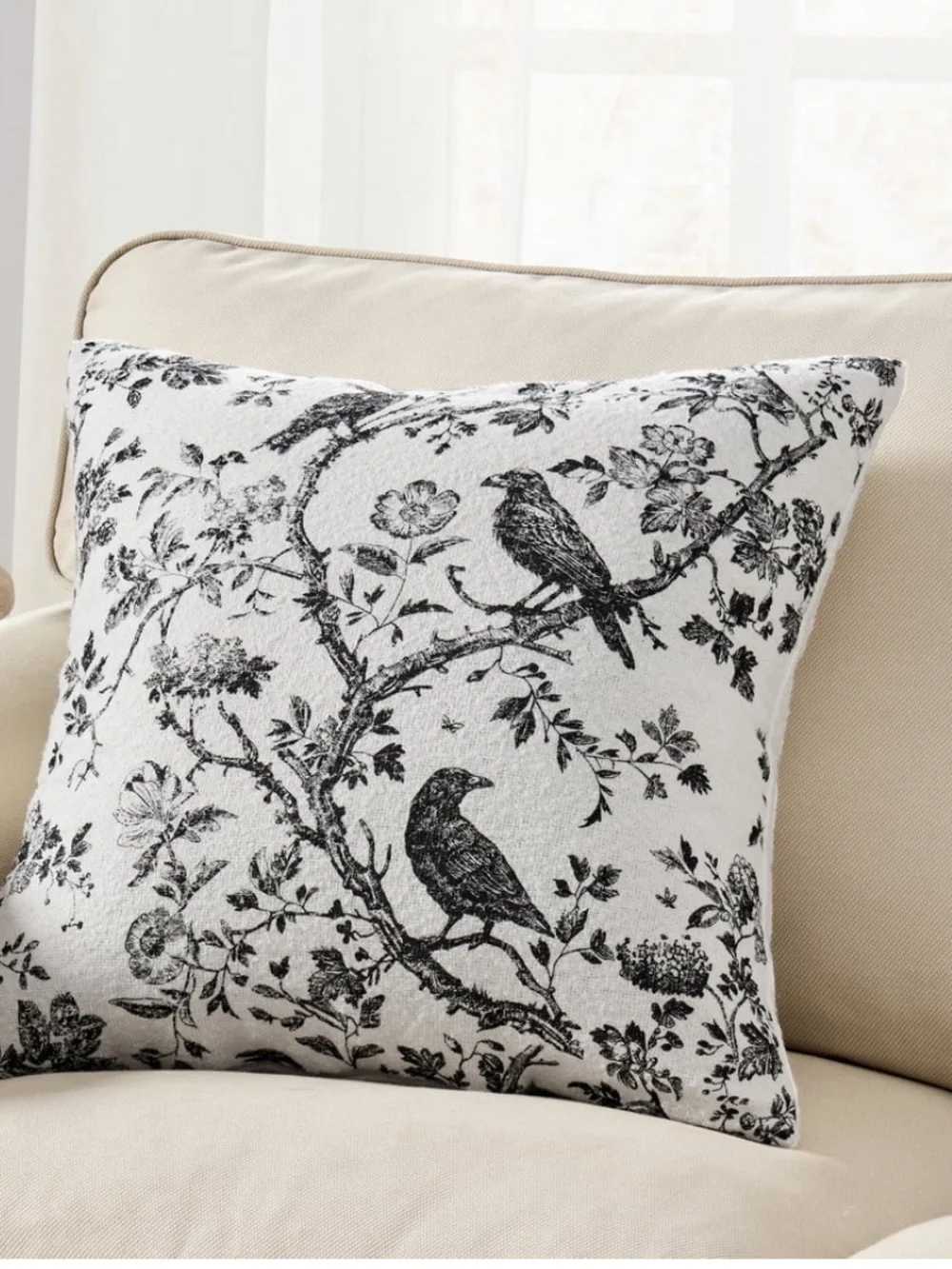 My Texas House Halloween Raven Toile Decorative Pillow, Ivory and Black, 20